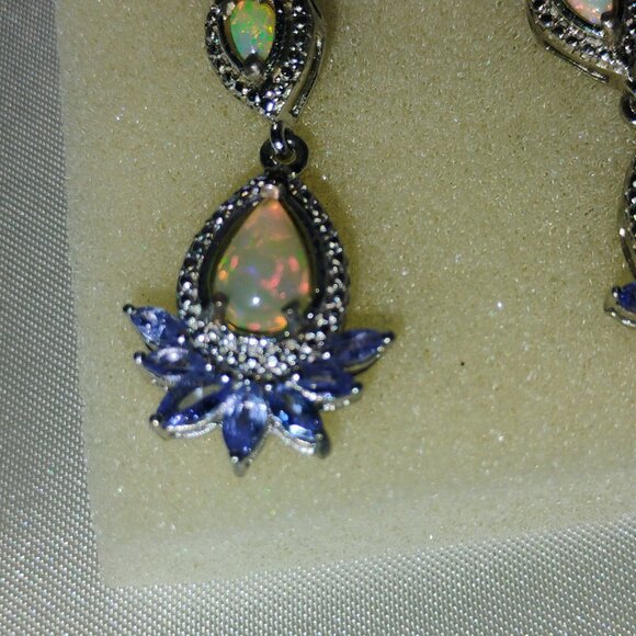 Ethiopian opal and tanzanite dangling earrings in sterling silver